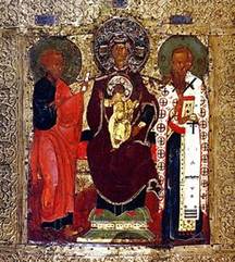 Явление Богоматери с предстоящими апостолом Филиппом и Ипатием Гангрским боярину Захарию Чету. Икона XVI века